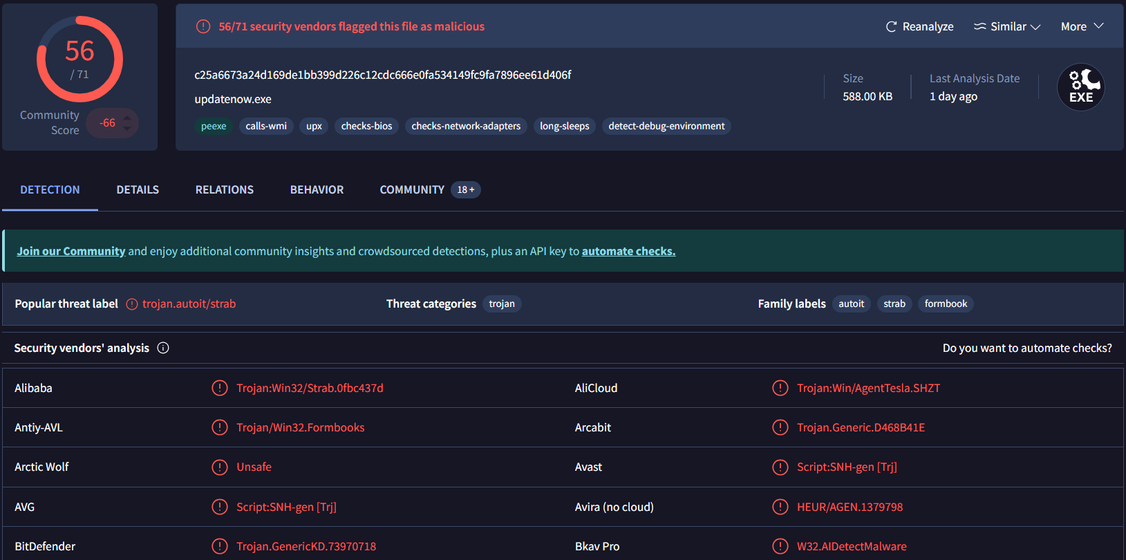 VirusTotal detection page for the updatenow.exe hash. 56 out of 71 vendors flag it as malicious. The popular threat labels clearly denote Trojan:Win32/AgentTesla variants.